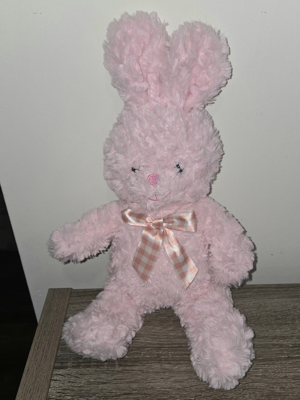 Dan Dee Pink Rabbit Plush Bunny Stuffed Animal Curly w/ Gingham Bow Ribbon 17".